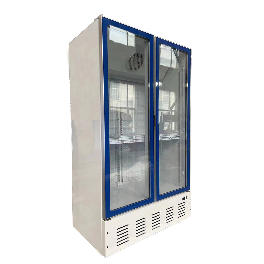 Double Door Flat Top Glass Refrigerated Display Case - Commercial Beverage Cooler for Convenience Store, Supermarket, Café | LED Lighting, Adjustable Shelves, Energy-Efficient