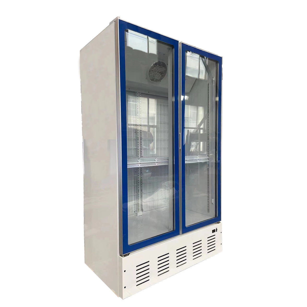 Double Door Flat Top Glass Refrigerated Display Case - Commercial Beverage Cooler for Convenience Store, Supermarket, Café | LED Lighting, Adjustable Shelves, Energy-Efficient