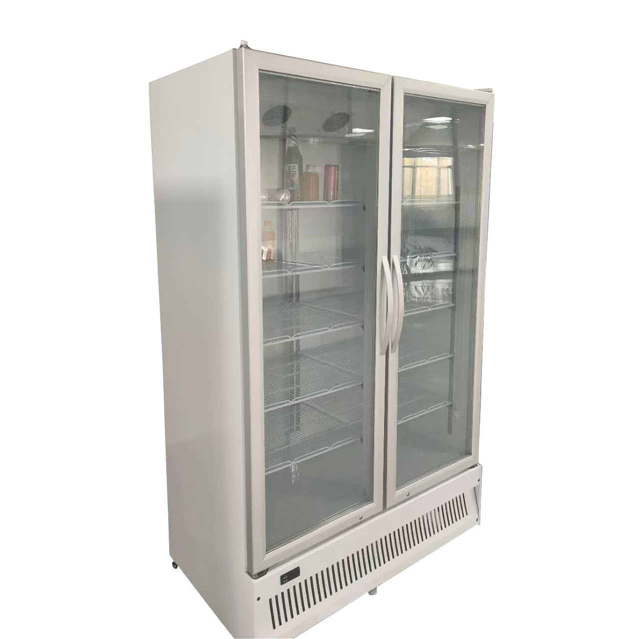 Double Door Flat Top Glass Refrigerated Display Case - Commercial Beverage Cooler for Convenience Store, Supermarket, Café | LED Lighting, Adjustable Shelves, Energy-Efficient