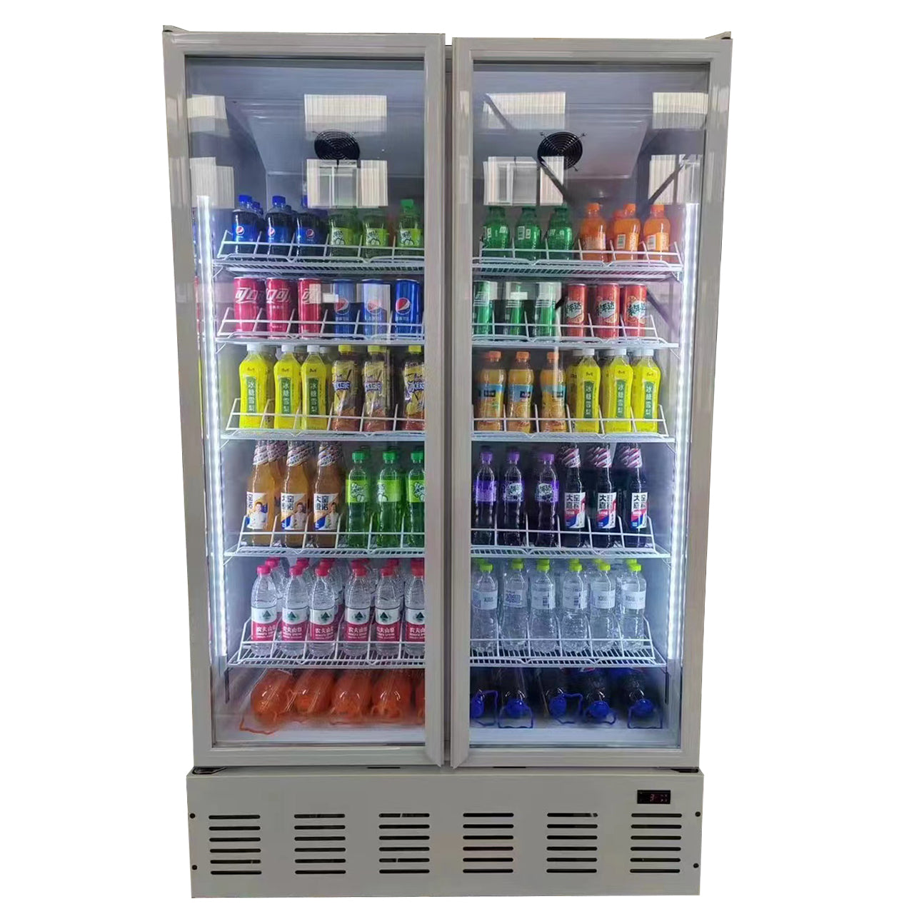 Double Door Flat Top Glass Refrigerated Display Case - Commercial Beverage Cooler for Convenience Store, Supermarket, Café | LED Lighting, Adjustable Shelves, Energy-Efficient