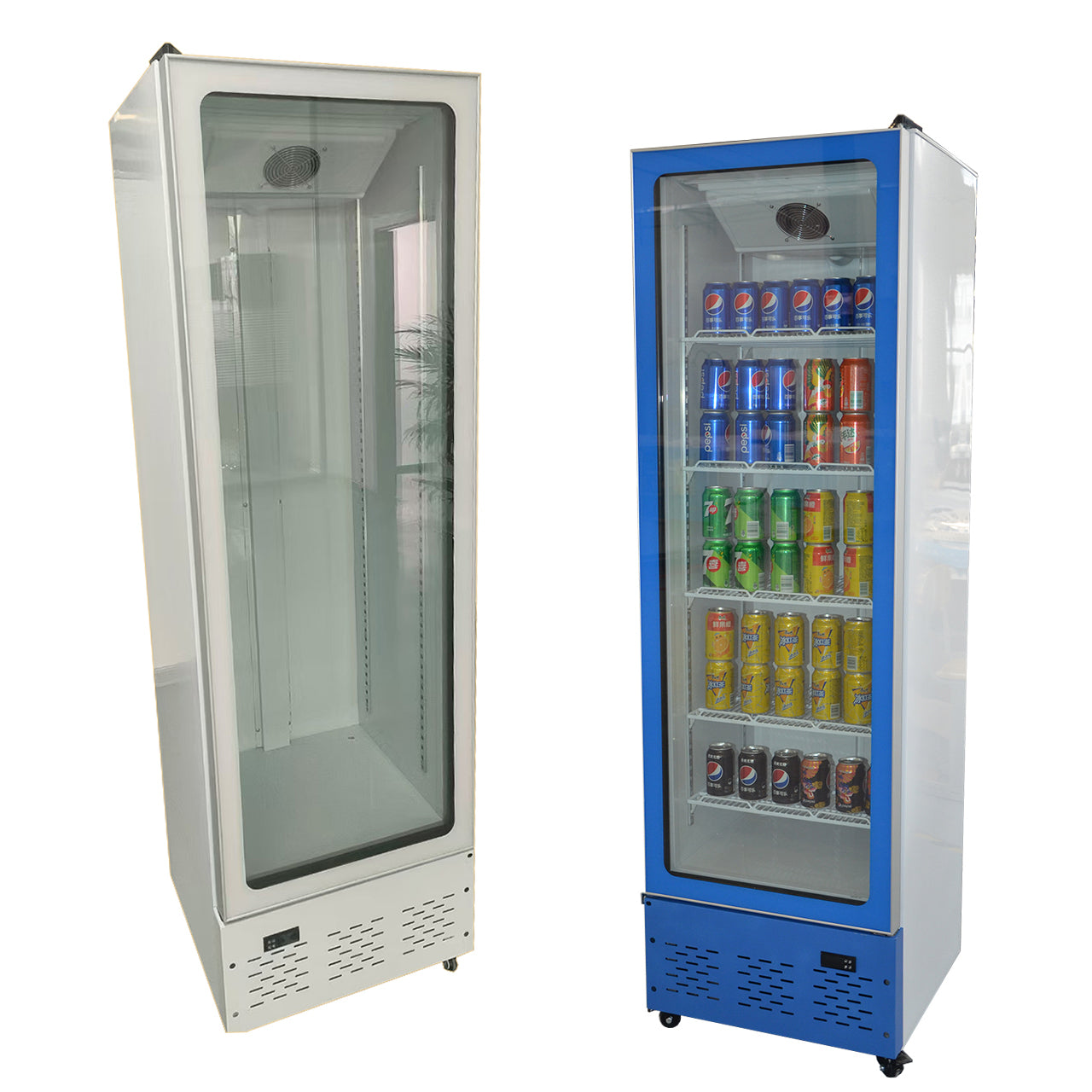 Double Door Flat Top Glass Refrigerated Display Case - Commercial Beverage Cooler for Convenience Store, Supermarket, Café | LED Lighting, Adjustable Shelves, Energy-Efficient
