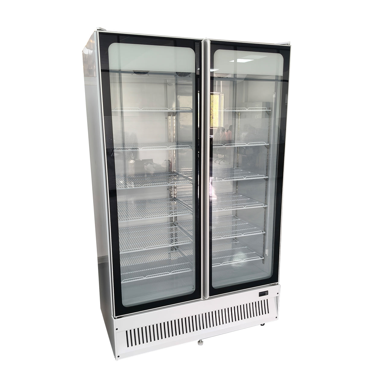 Double Door Flat Top Glass Refrigerated Display Case - Commercial Beverage Cooler for Convenience Store, Supermarket, Café | LED Lighting, Adjustable Shelves, Energy-Efficient