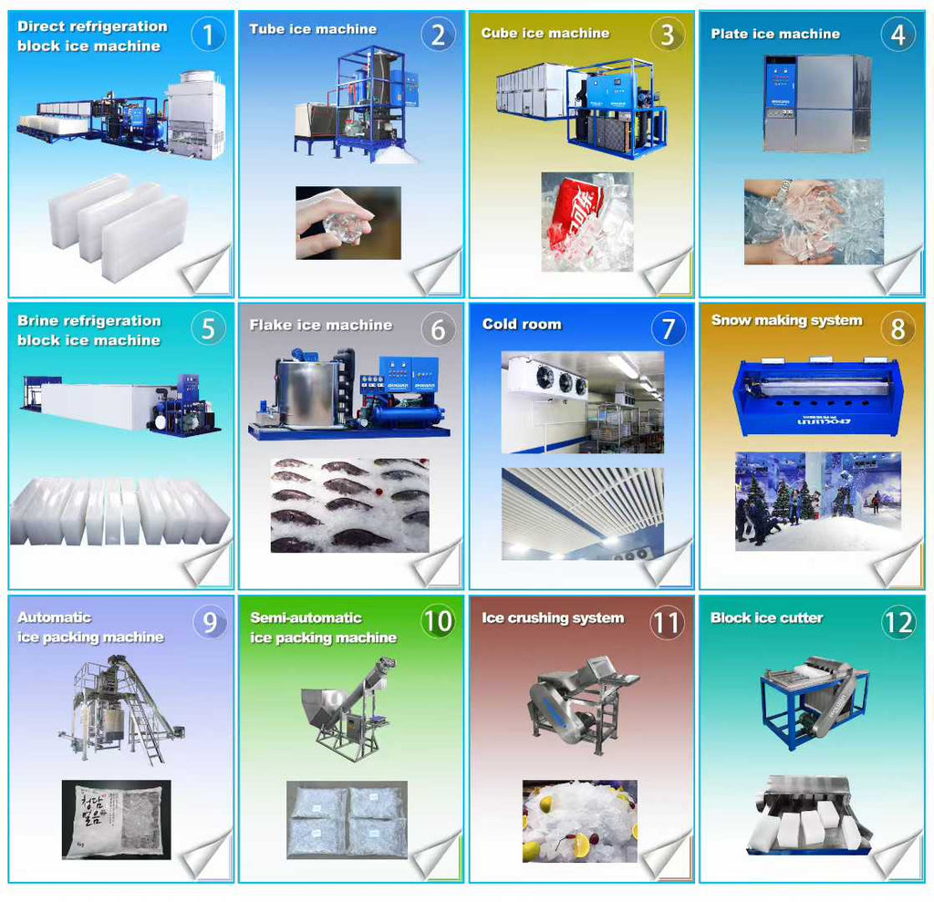 A full range of ice machines, including block ice machines, tube ice machines, cube ice machines, flake ice machines, plate ice machines, snow makers, and containerized ice machines.
